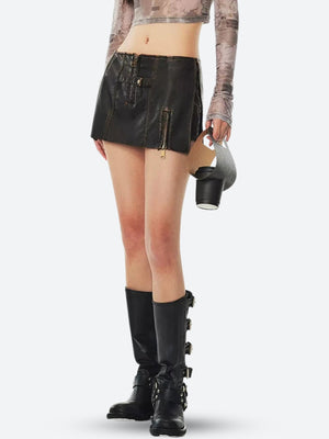 Grunge Faux Leather Slit Mini Skort