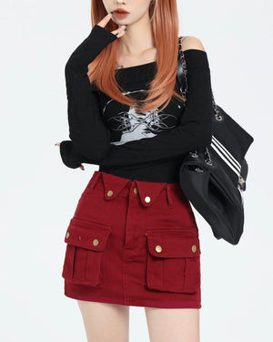 Wine Red Zip Front Mini Skirt