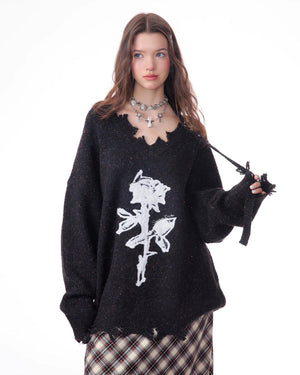 Distressed Rose Print Sweater