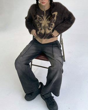 Butterfly Print Fuzzy Bomber