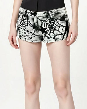Grunge Spider Web Print Denim Shorts