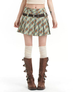 Double Belt Plaid Pleated Skirt in Green