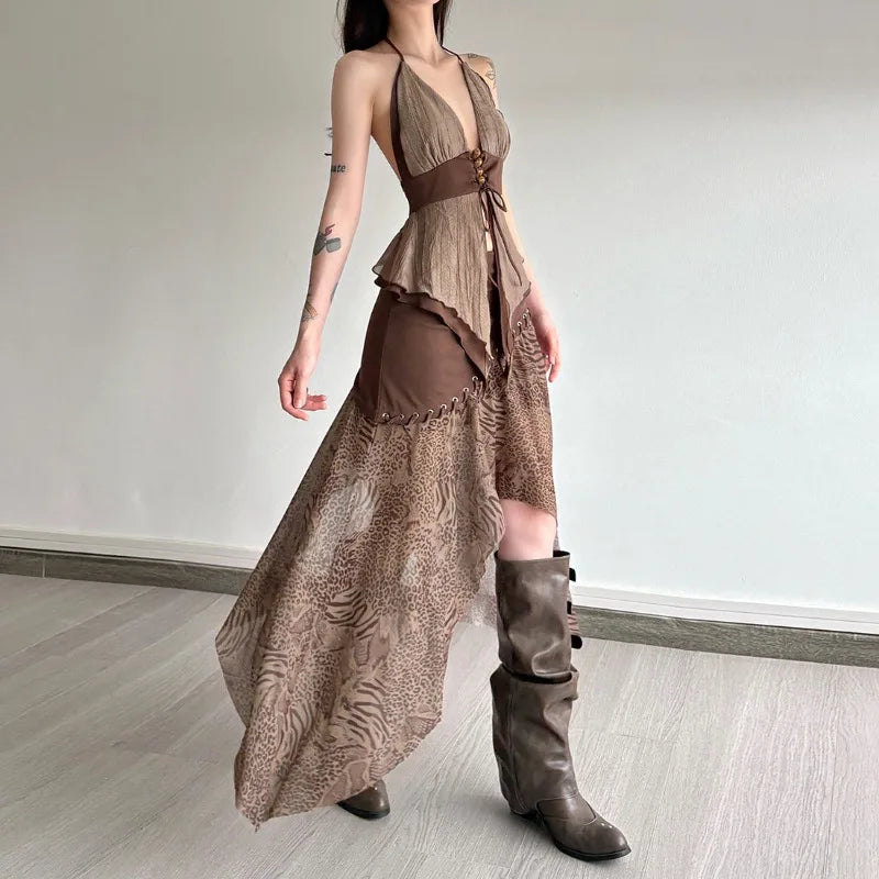 Boho Asymmetric Top & Leopard Midi Skirt Two Piece Set