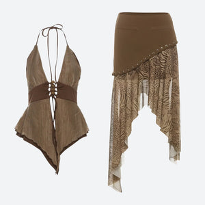 Boho Asymmetric Top & Leopard Midi Skirt Two Piece Set