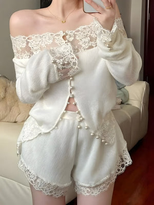 Coquette Pearl Button Lace Two Piece Set