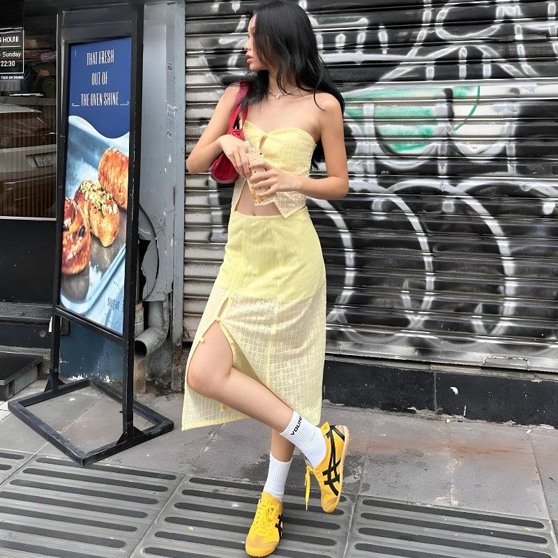 Lemon Strapless Top & Midi Skirt Two Piece Set