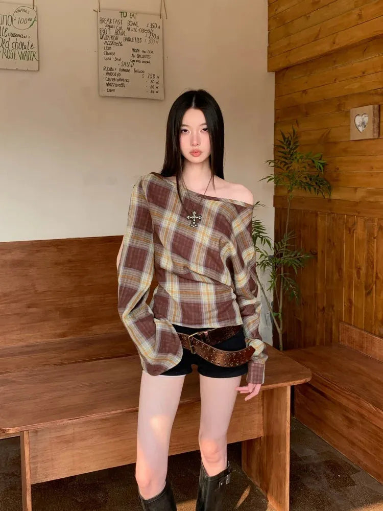 Plaid One Shoulder Top