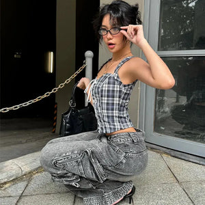 Y2K Plaid Lace Up Top