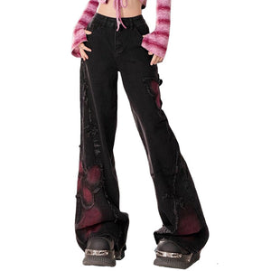 Grunge Aesthetic Black & Red Butterfly Jeans