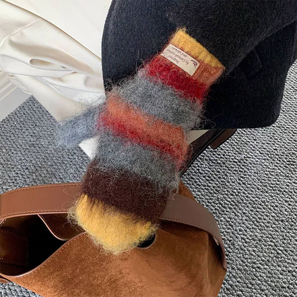 Fuzzy Striped Beanie Hat & Gloves Set