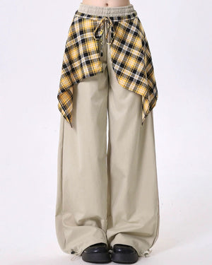 Plaid Shirt-Tied Baggy Trousers
