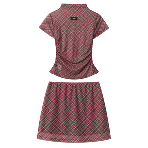 Preppy Plaid Mesh Top & Mini Skirt Set