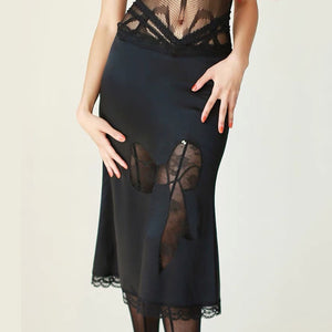 Satin Coquette Bow Lace Midi Skirt