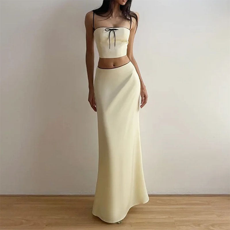 French Summer Satin Top & Maxi Skirt Set