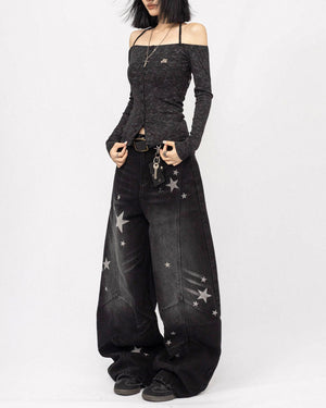 Loose Fit Star Pattern Baggy Jeans
