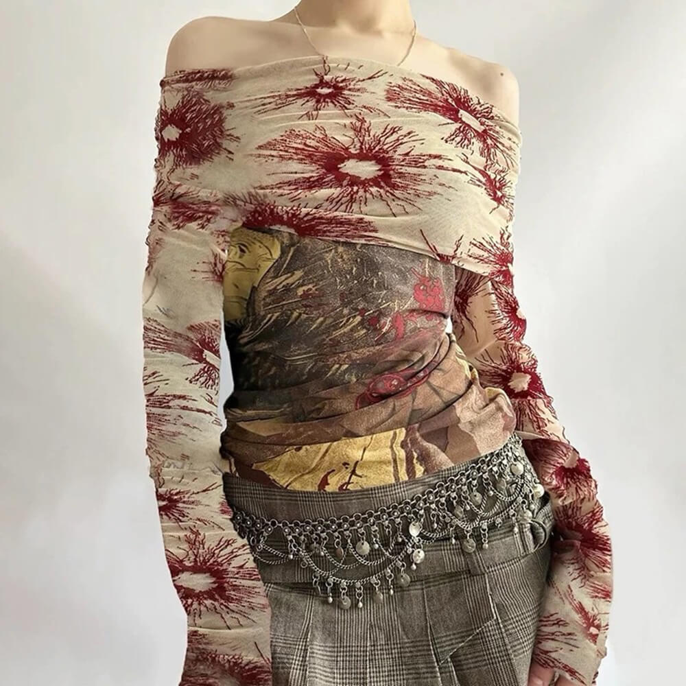 Sun Print Mesh Off-Shoulder Top