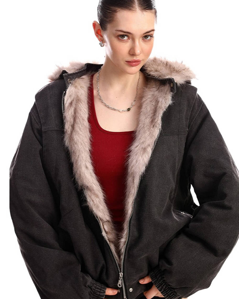 Y2K Faux Fur Bomber Jacket